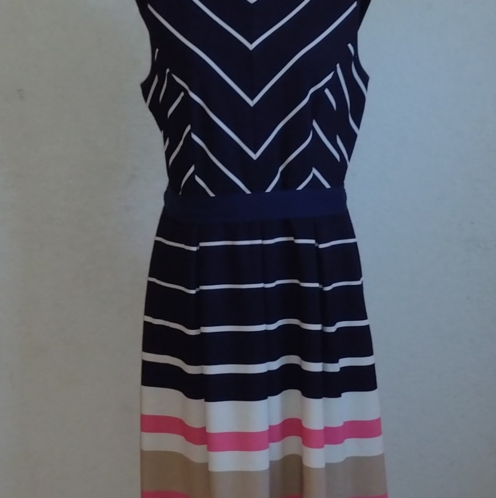 EUC I LE New York Navy&White w/ pink and tan stripe A line Fit and Flare Midi 12